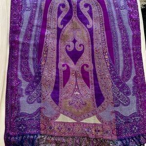Wrap/scarf 80" x 21" Tapestry in shades of purple burgundy plum olive, 3" fringe